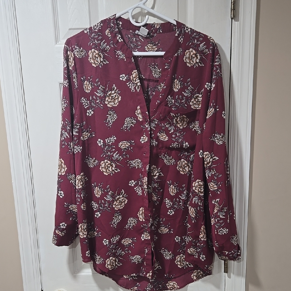 Simply Emma Burgundy Floral Button Down Shirt